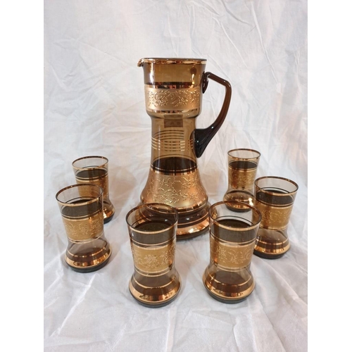 111 - Bohemia Glass (Made in Czechoslovakia) Smokey Brown Glass Water Jug (H:29cm) and 6 x Matching Glasse... 