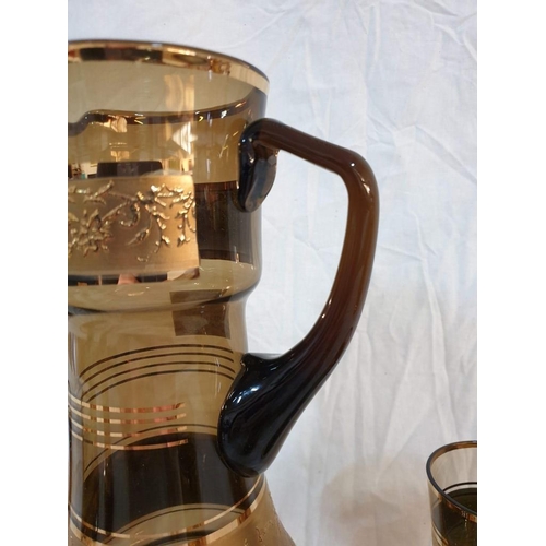 111 - Bohemia Glass (Made in Czechoslovakia) Smokey Brown Glass Water Jug (H:29cm) and 6 x Matching Glasse... 