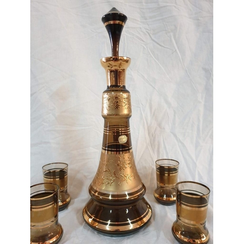 112 - Bohemia Glass (Made in Czechoslovakia) Smokey Brown Glass Decanter (H:37cm) and 6 x Matching Liqueur... 