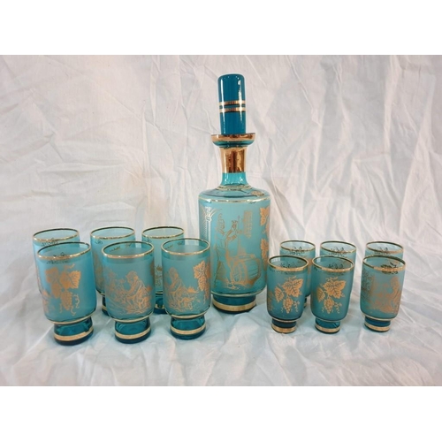 113 - Bohemia Blue Glass Decanter (H:25cm) 2 x Sets of 6 x Matching Glasses (2 x Sizes) Decorated in 24ct ... 