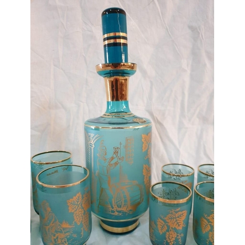 113 - Bohemia Blue Glass Decanter (H:25cm) 2 x Sets of 6 x Matching Glasses (2 x Sizes) Decorated in 24ct ... 