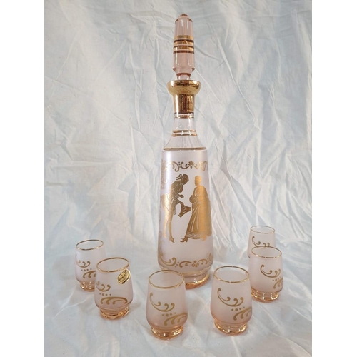 114 - Bohemia Pink Glass Decanter (34cm) with Set of 6 x Matching Licquer Gasses, Decorated in 24ct Gold w... 