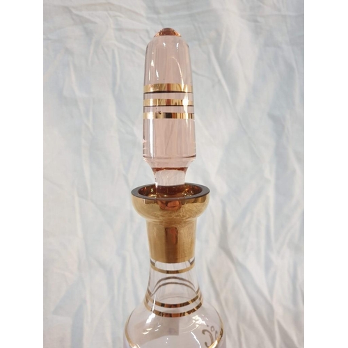 114 - Bohemia Pink Glass Decanter (34cm) with Set of 6 x Matching Licquer Gasses, Decorated in 24ct Gold w... 