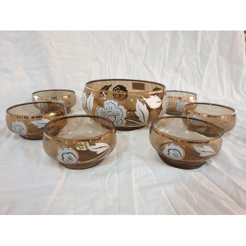 117 - Bohemia Glass (Made in Czechoslovakia) Smokey Brown Serving Bowl (Ø20cm) and Set of 6 x Dessert Bowl... 