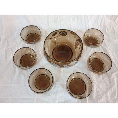 117 - Bohemia Glass (Made in Czechoslovakia) Smokey Brown Serving Bowl (Ø20cm) and Set of 6 x Dessert Bowl... 