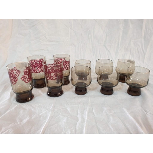 118 - Set of 6 x Smokey Brown Retro Style Glasses, Together with Set of 4 x Decorative Glasses (One Cracke... 