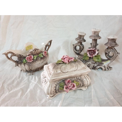 529 - 3 x Capodimonte Style Porcelain Ornaments Decorated with Flowers; 3 - Candle Stick, Bowl / Vase and ... 