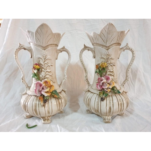 530 - Pair of Capodimonte Twin Handle Vase with Fluted Top and Flower Decoration(H:37cm) (One with Damaged... 