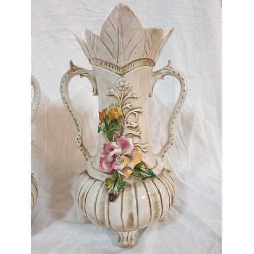 530 - Pair of Capodimonte Twin Handle Vase with Fluted Top and Flower Decoration(H:37cm) (One with Damaged... 