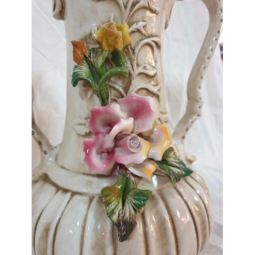 530 - Pair of Capodimonte Twin Handle Vase with Fluted Top and Flower Decoration(H:37cm) (One with Damaged... 