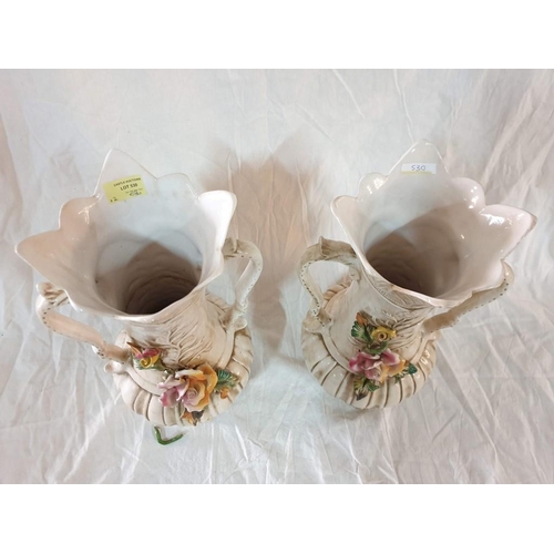 530 - Pair of Capodimonte Twin Handle Vase with Fluted Top and Flower Decoration(H:37cm) (One with Damaged... 