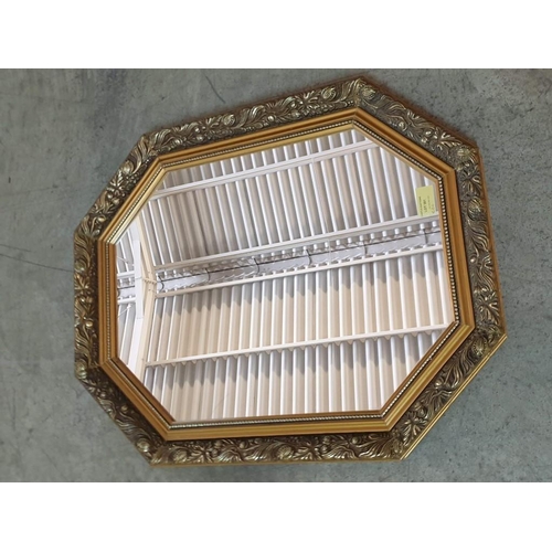 581 - Octagonal Shaped Wall Mirror with Gold Colour Decorative Wood Frame (61cm x 49cm Overall)