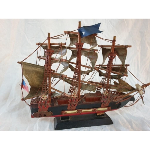 77 - Wooden Model of Ship on Base, Titled Constitution (38cm x 27cm Overall)