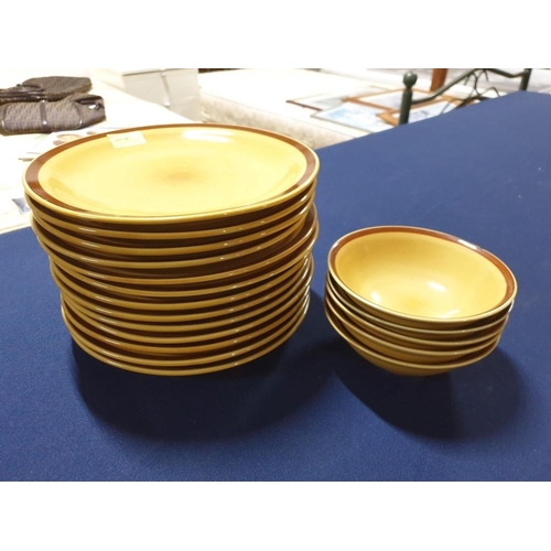 106 - 13 x Light Brown Dinner Plates and 5 x Matching Bowls (Made in China)