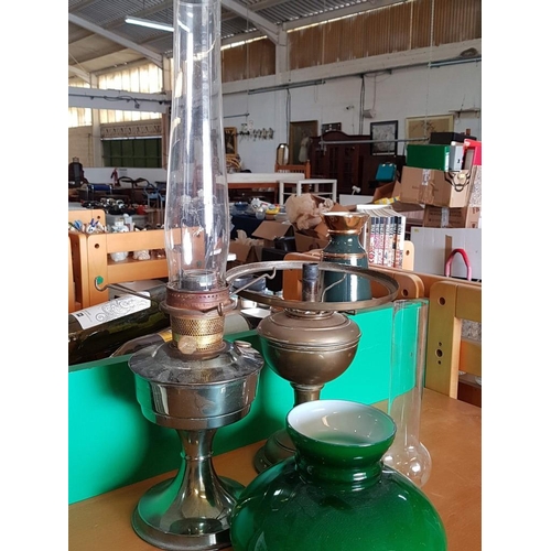 655 - Vintage Brass Parafin Lamps, Glass Shades (A/F For Repair) (H:60cm x 30cm)