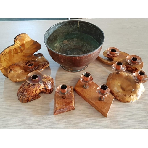 662 - Copper Bowl (Ø21cm H:12.5cm) and Collection of Wood / Copper Hand Made Candle Holders