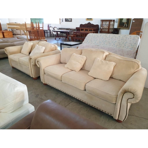 757 - Classical Style Cream Fabric 3 - Seat and 2 - Seat Sofa with Studded Scroll Arms and 4 x Scatter Cus... 