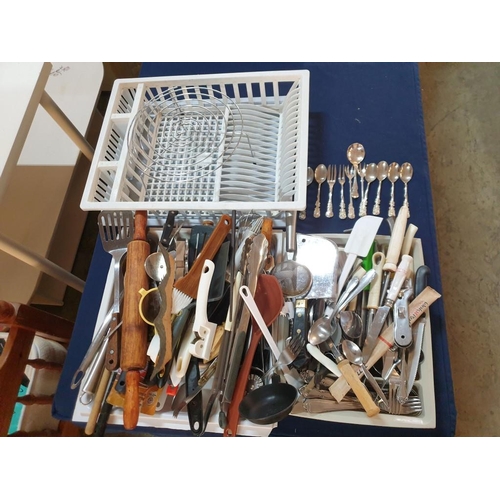 549 - Large Qty of Kitchen Utensils, Cutlery, Baking Items, Some Silver Plated Spoons & Forks, Draining Ra... 