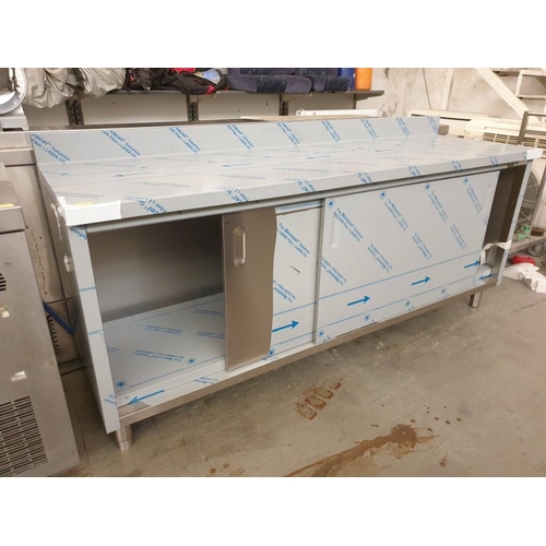 554 - Stainless Steel Workstation / Table with Cupboard Under (Slidding Doors) (Never Been Used) (200cm x ... 