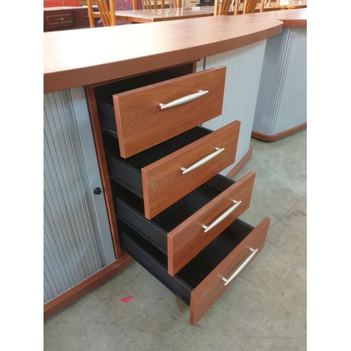 566 - Modern Cherry Colour Wood Bow Front Sideboard Office Unit (or Lounge TV Unit) with 4 - Drawers and S... 