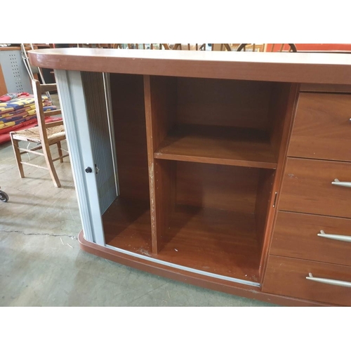 566 - Modern Cherry Colour Wood Bow Front Sideboard Office Unit (or Lounge TV Unit) with 4 - Drawers and S... 