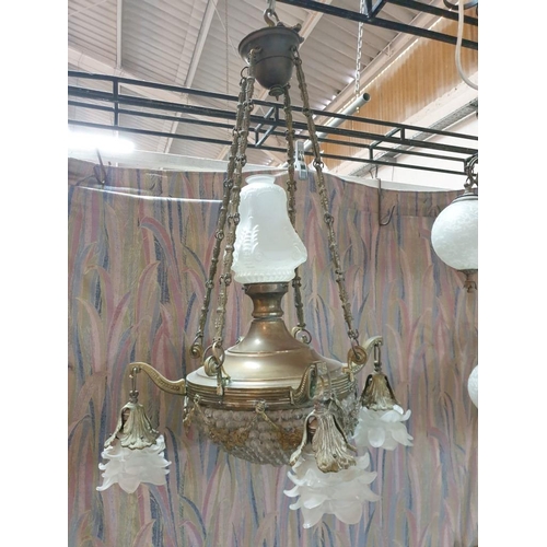 580 - Vintage Brass Chandelier with 4 - Arms and Glass Flower Shape Shades, Graduating Glass Beads to Base... 