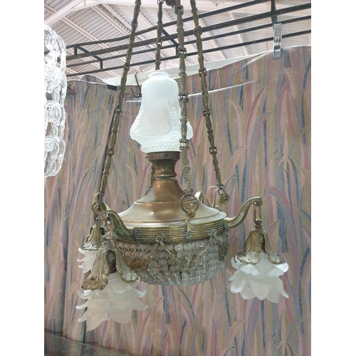 580 - Vintage Brass Chandelier with 4 - Arms and Glass Flower Shape Shades, Graduating Glass Beads to Base... 