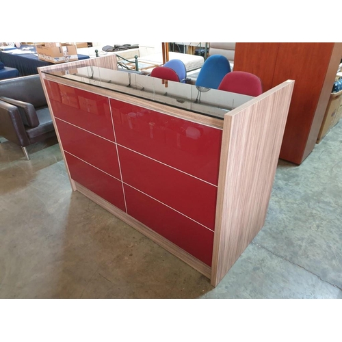 83 - Modern Stylish Grey Ash Wood Effect Reception Desk with Black Glass Top and Red Glass Paneled Front ... 