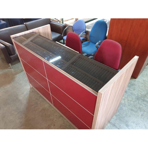 83 - Modern Stylish Grey Ash Wood Effect Reception Desk with Black Glass Top and Red Glass Paneled Front ... 