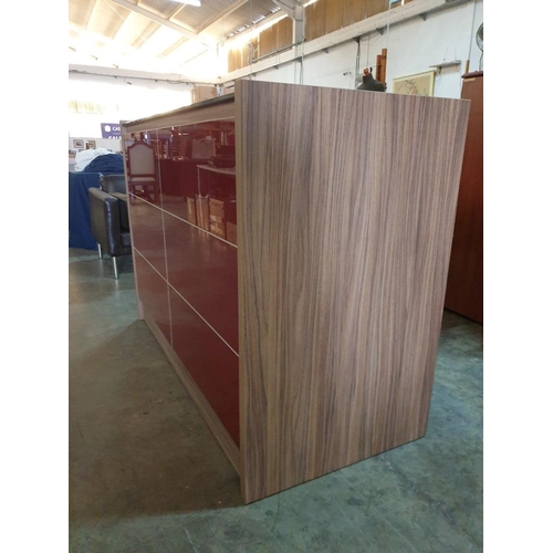 83 - Modern Stylish Grey Ash Wood Effect Reception Desk with Black Glass Top and Red Glass Paneled Front ... 