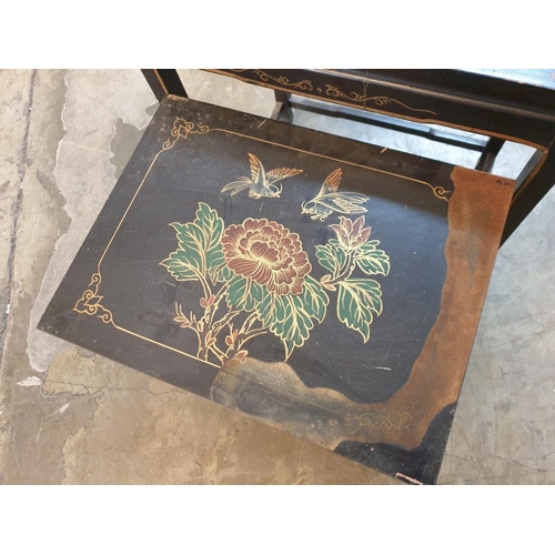 93 - Chinese Style Black Lacquered Nest of 4 - Tables with Bird & Floral Decoration (A/F) (Max. 51cm x 36... 