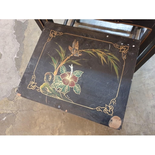 93 - Chinese Style Black Lacquered Nest of 4 - Tables with Bird & Floral Decoration (A/F) (Max. 51cm x 36... 