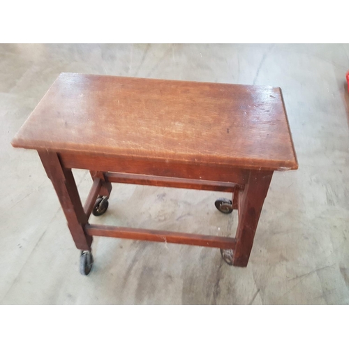 179 - Vintage Small Wooden Rectangular Side Table / Stool on Wheels (22cm x 45cm x 48cm)