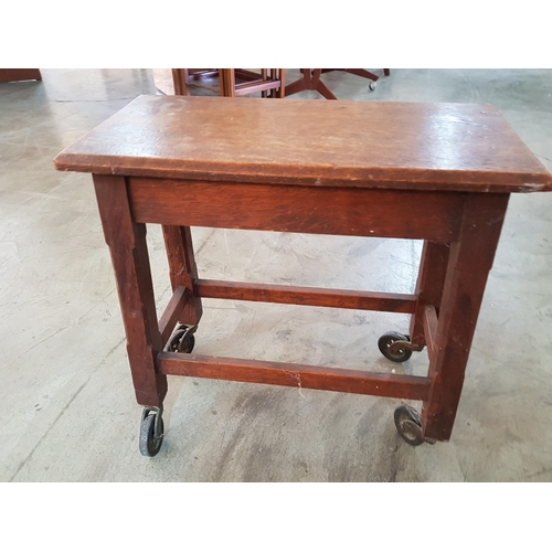 179 - Vintage Small Wooden Rectangular Side Table / Stool on Wheels (22cm x 45cm x 48cm)