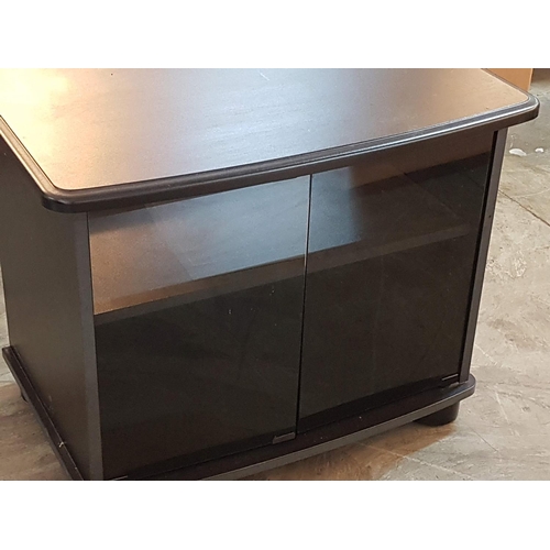 692 - Small Black (MDF) TV Unit with Glass Door, on Wheels (46cm x 75cm x 60cm)