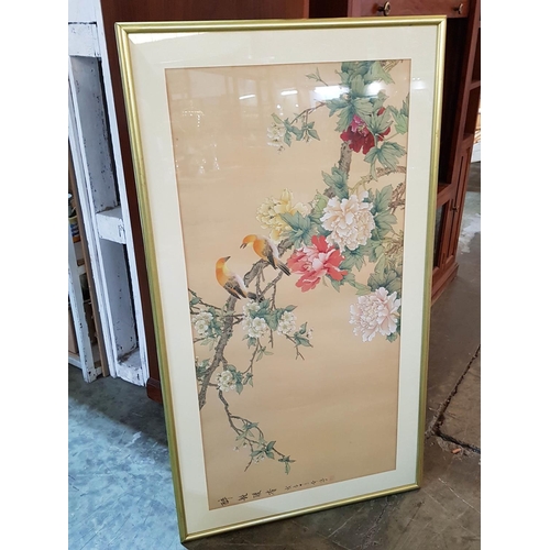 694 - Chinese Painting of Fabric (102.5cm x 62.5cm) in Gold Colour Frame