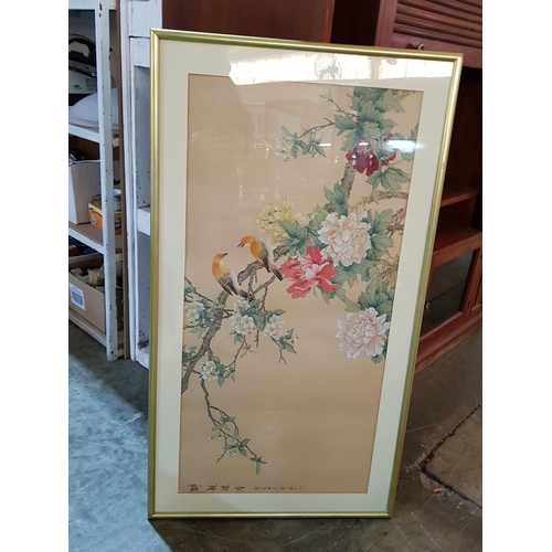 694 - Chinese Painting of Fabric (102.5cm x 62.5cm) in Gold Colour Frame