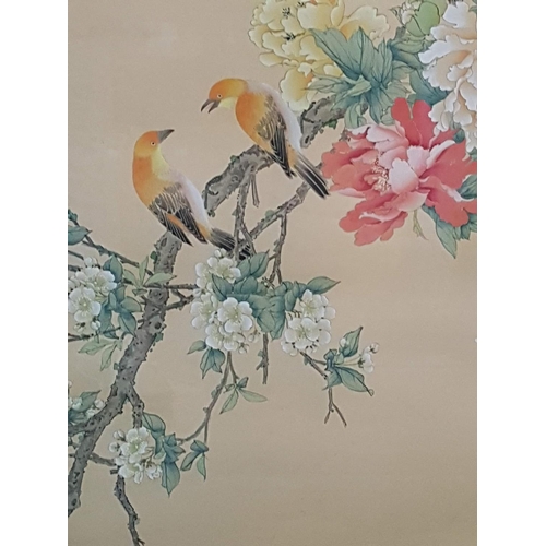 694 - Chinese Painting of Fabric (102.5cm x 62.5cm) in Gold Colour Frame