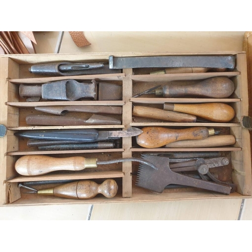 176 - Vintage Wooden Case / Box with 2 Internal Trays and Qty of Hand Tools for Upholstery / Saddler / Sho... 