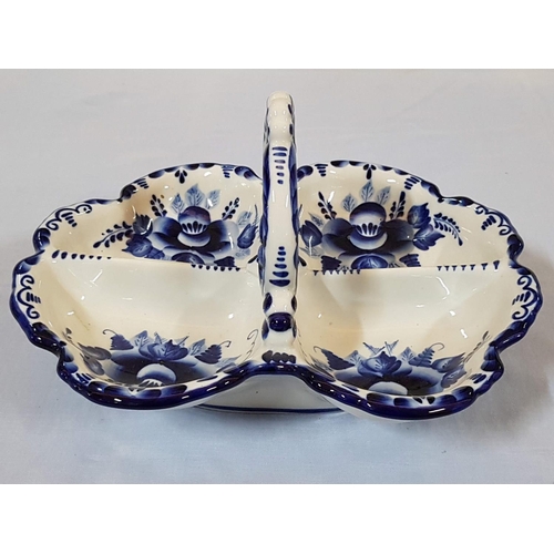 186 - Russian Gzhel Porcelain Blue / White Large Four Section Tray with Holder Signed (27cm x 22cm)