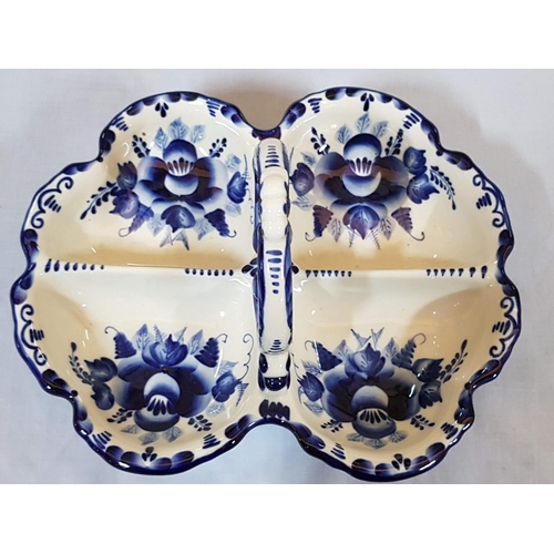 186 - Russian Gzhel Porcelain Blue / White Large Four Section Tray with Holder Signed (27cm x 22cm)