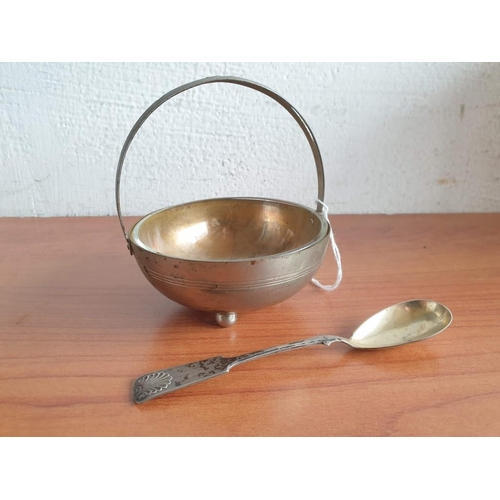 378 - Vintage White Metal Bowl with Glass Liner and Carrying Handle, Together with Silver Sugar Spoon with... 