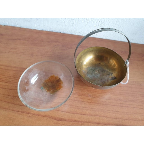 378 - Vintage White Metal Bowl with Glass Liner and Carrying Handle, Together with Silver Sugar Spoon with... 