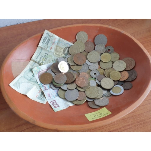 383 - Collection of Assorted World Coins and Bank Notes in Terracotta Hand Made Decorative Dish