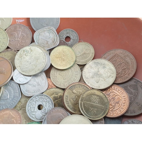 383 - Collection of Assorted World Coins and Bank Notes in Terracotta Hand Made Decorative Dish