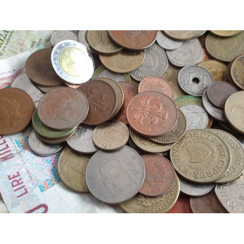 383 - Collection of Assorted World Coins and Bank Notes in Terracotta Hand Made Decorative Dish