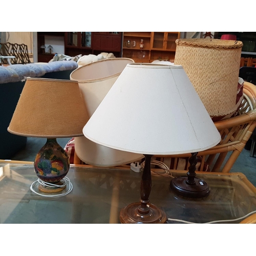 571 - Various of Old Fashion Table Lamps (2 x Wooden Base and 1 x Ceramic with Beige Lampshade) and One La... 