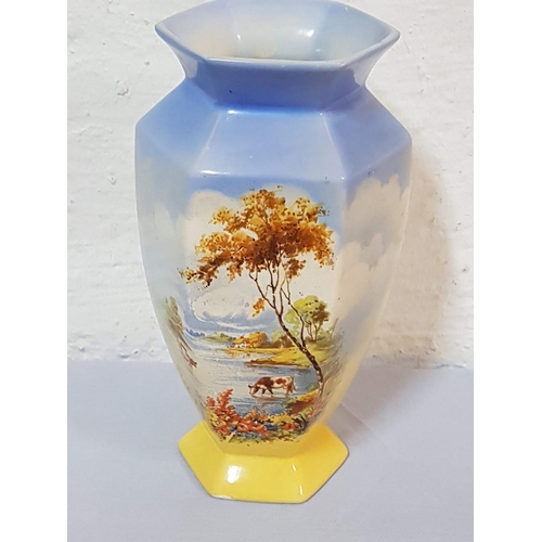 670 - Vintage Hexagonal Ceramic Vase with Rural Scene as Pattern (H:22cm)