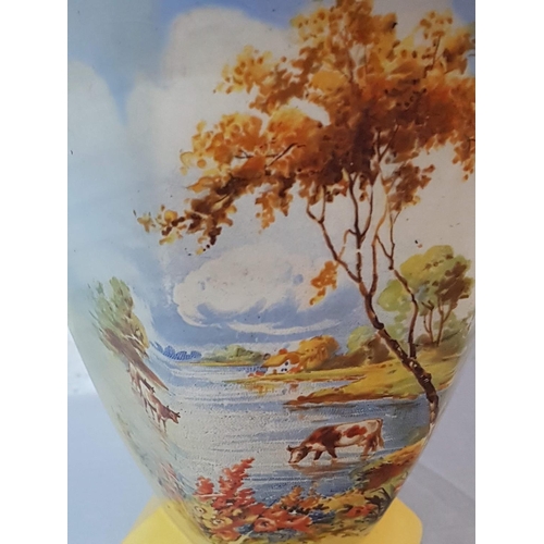 670 - Vintage Hexagonal Ceramic Vase with Rural Scene as Pattern (H:22cm)