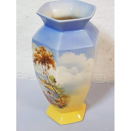 670 - Vintage Hexagonal Ceramic Vase with Rural Scene as Pattern (H:22cm)